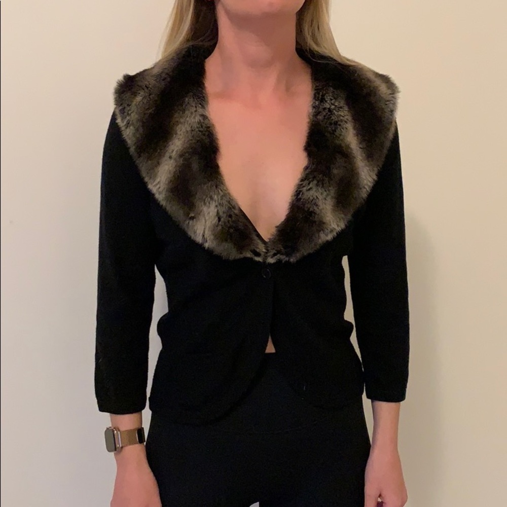 Black Faux Fur Trimmed Short Cardigan